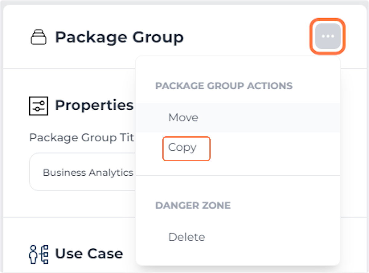 Open the 'Package Group Actions' menu and click 'Copy'.