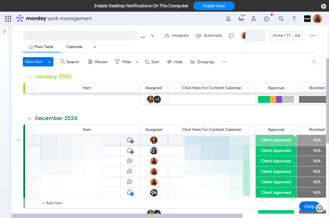 After reviewing the content, please navigate back to the Content Calendar Monday Board.