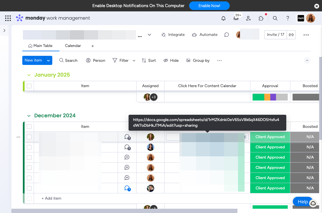 Click on the content calendar link to access it.