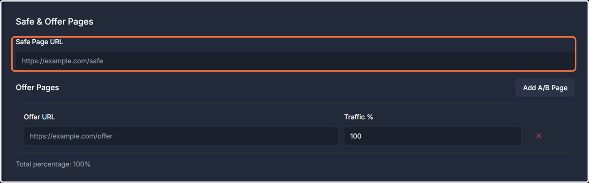 Enter the link to your Safe Page (White Page).
