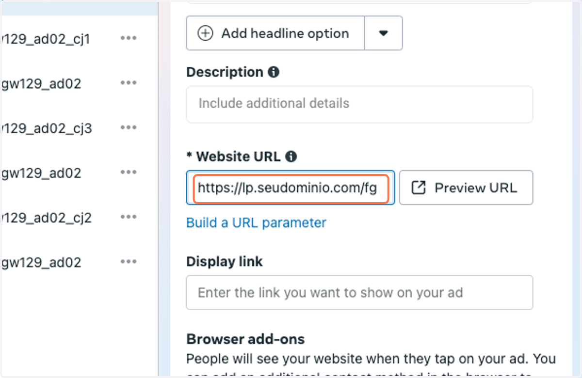 Configure the Destination URL for your HideDomain campaign.