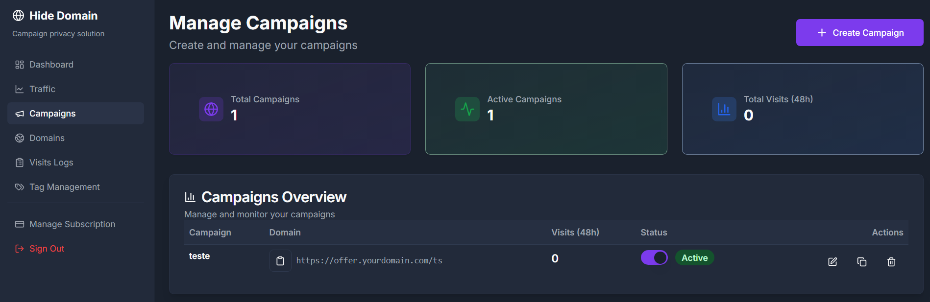 Copy the HideDomain Campaign URL.
