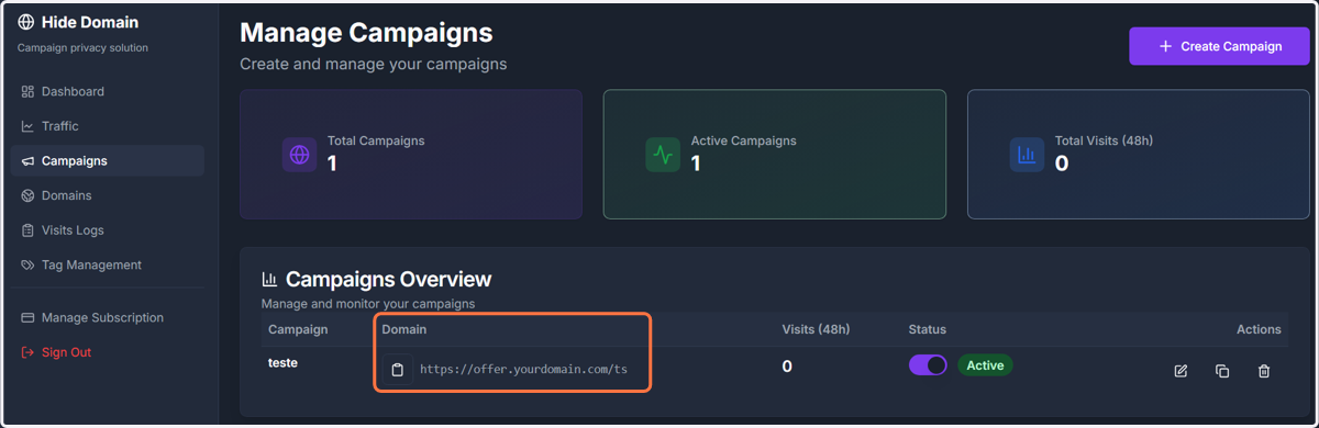 Copy the HideDomain Campaign URL.