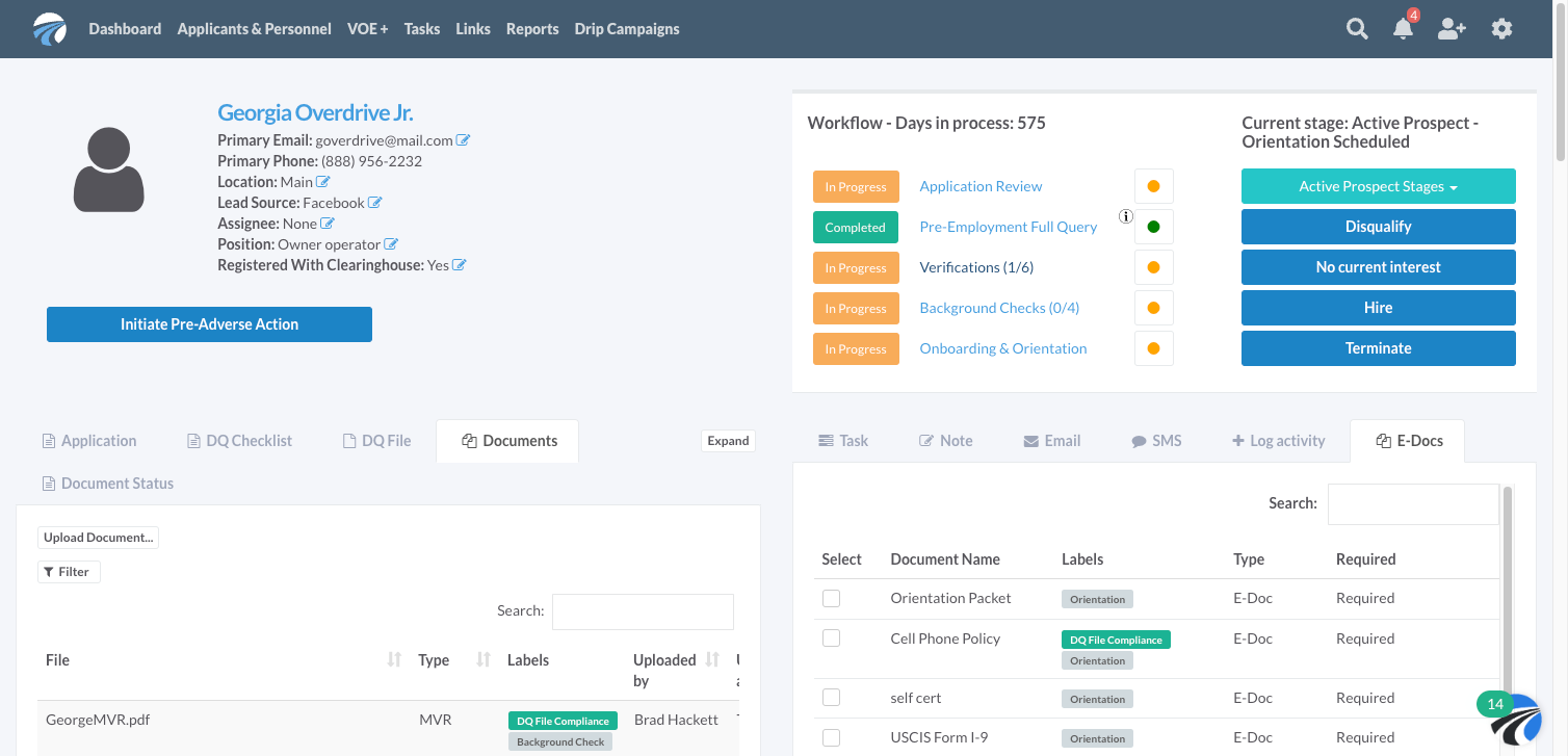 Navigate to the Driver's profile that you are needing to send Pre-Adverse Action from, when a background report or verification that DQs a driver (per your company's policy) returns