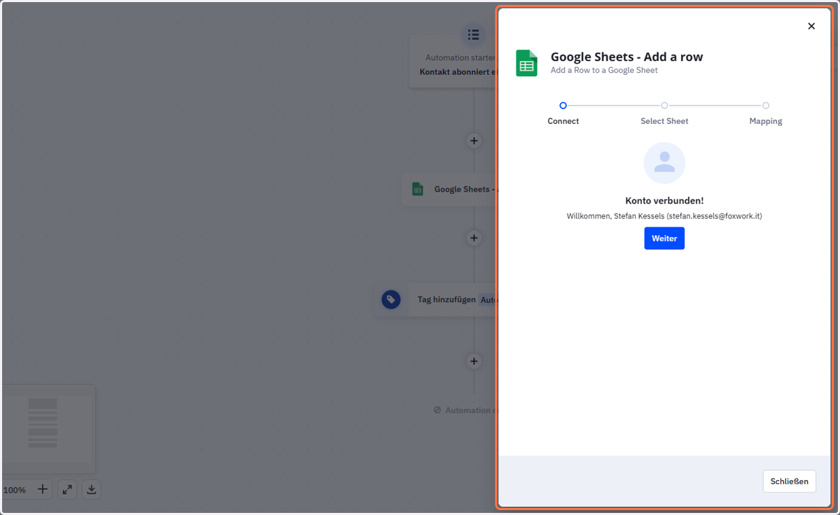 Google und ActiveCampaign sind nun gekoppelt.