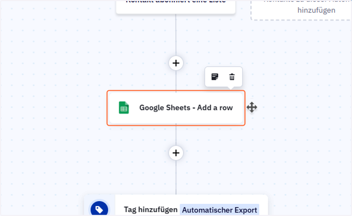 Klicke auf "Google Sheets - Add a row"