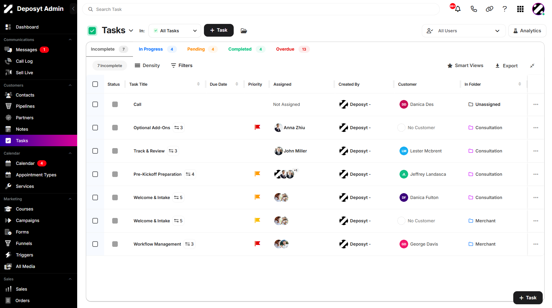 Step 1: On your Dashboard, navigate to the Tasks tab under the Customers section. 