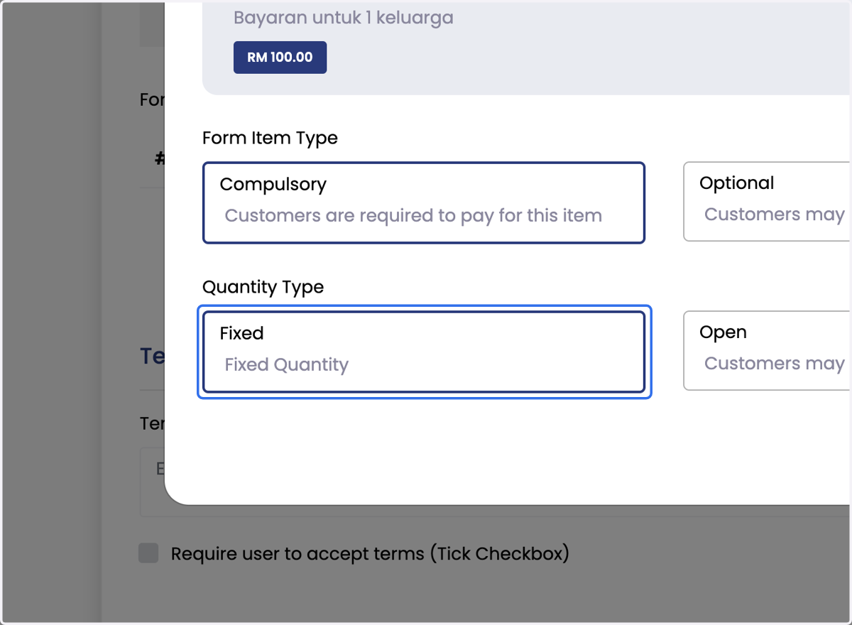Klik Fixed - 1 item Open - Item boleh pilih mengikut kuantiti