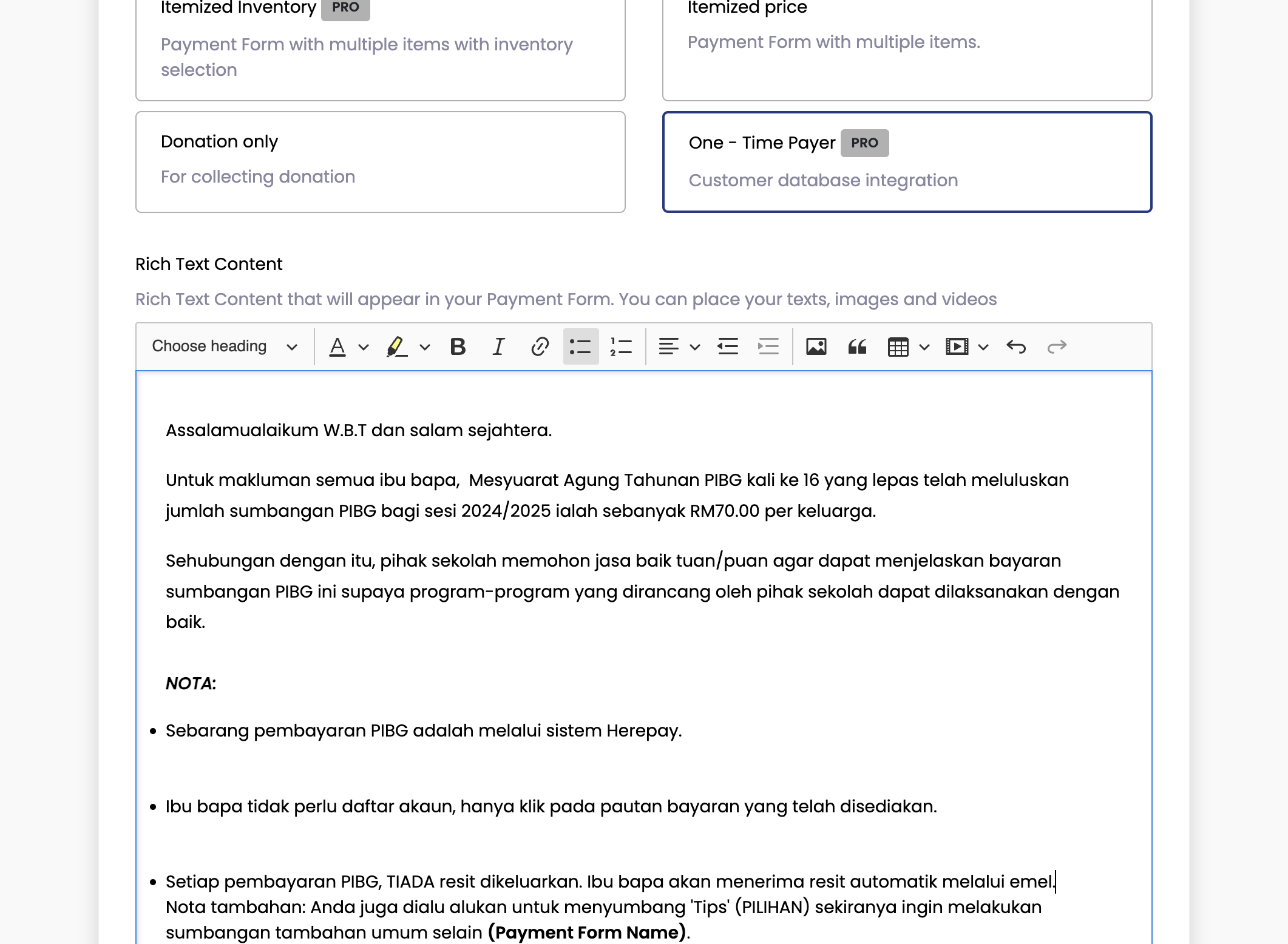Isi copywriting di bahagian Rich Text Content