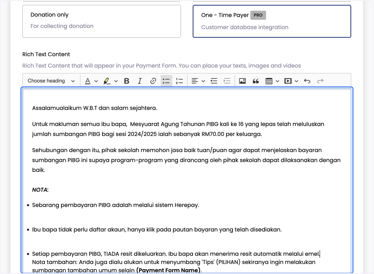 Isi copywriting di bahagian Rich Text Content