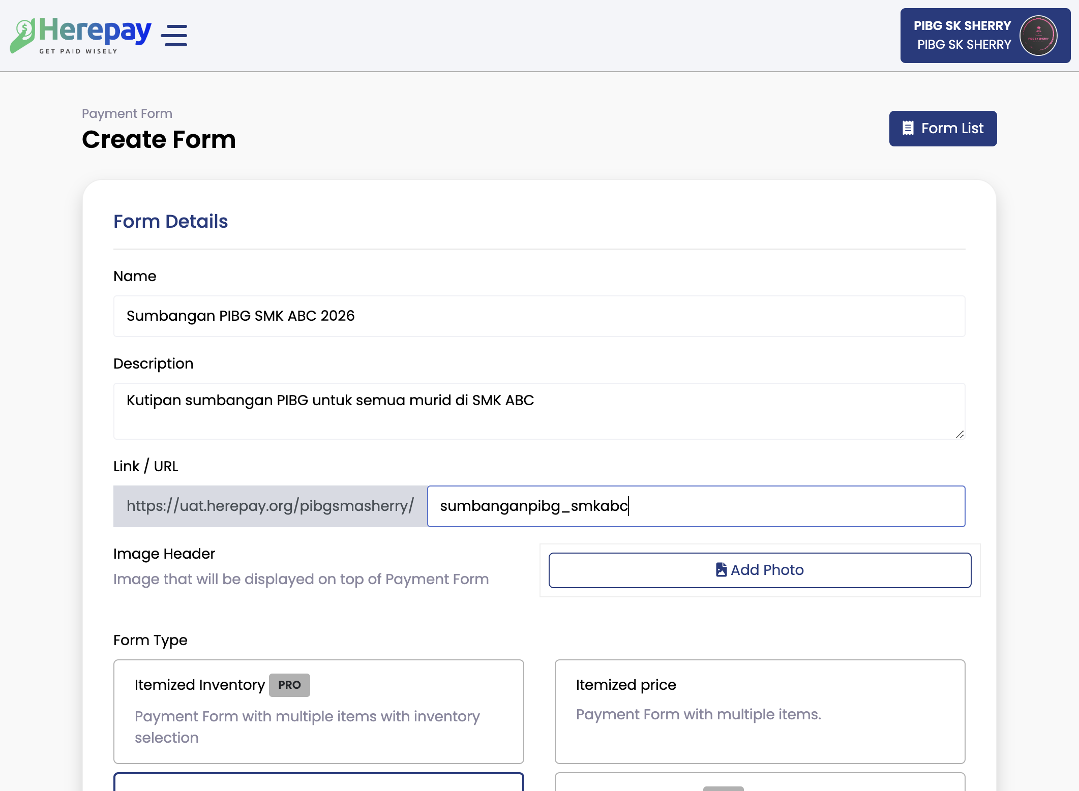 Isi Link bayaran kutipan mengikut nama payment form Contoh: sumbanganpibg_smkabc