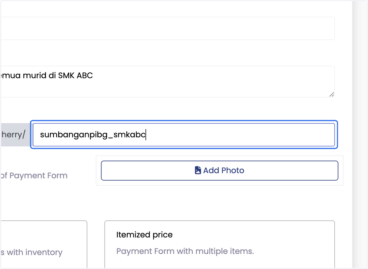 Isi Link bayaran kutipan mengikut nama payment form Contoh: sumbanganpibg_smkabc