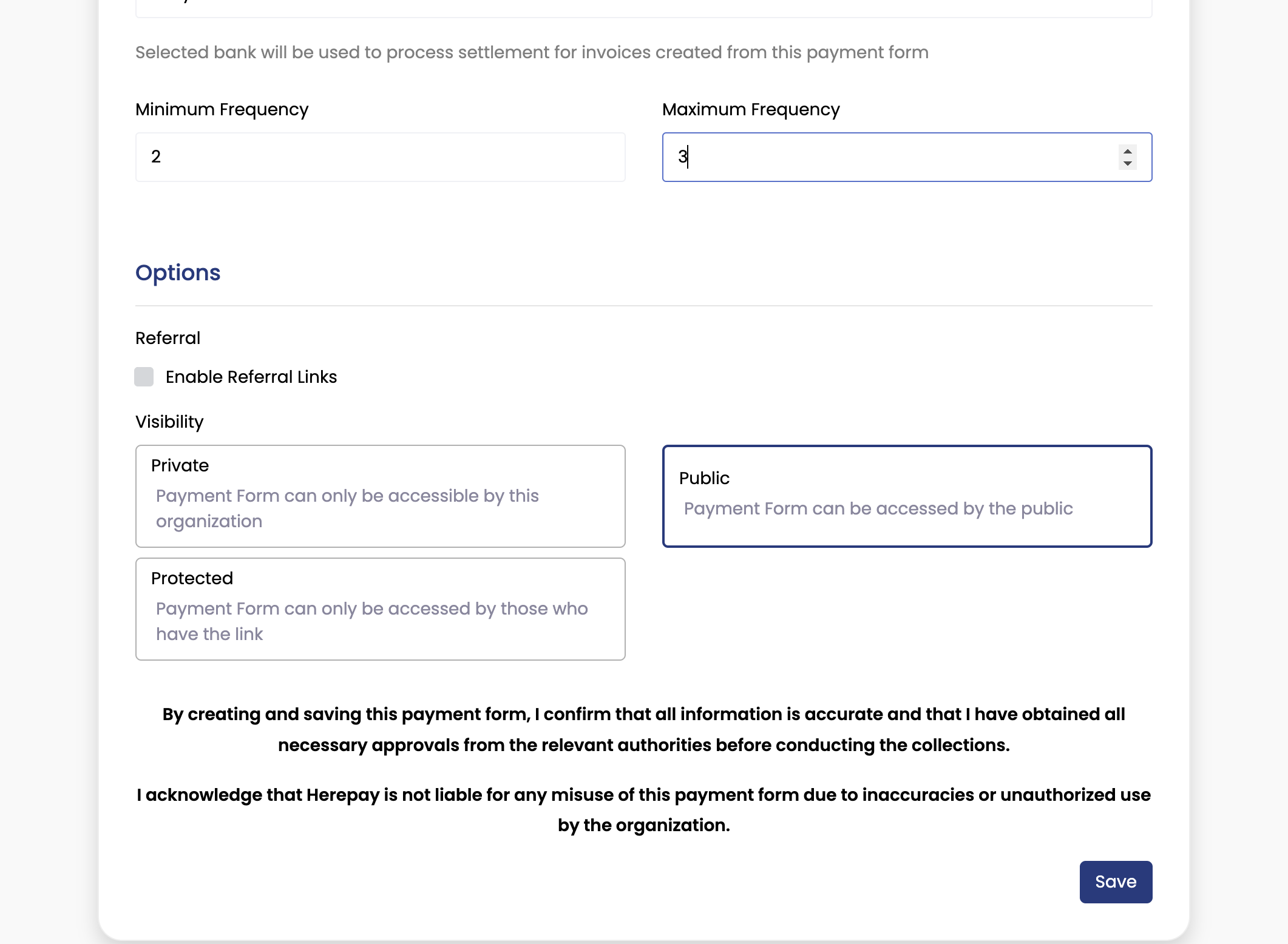 Klik Public jika payment form sedia untuk dikongsi dengan ibu bapa/pembayar Private/Protected - Payment form hanya boleh diakses oleh admin