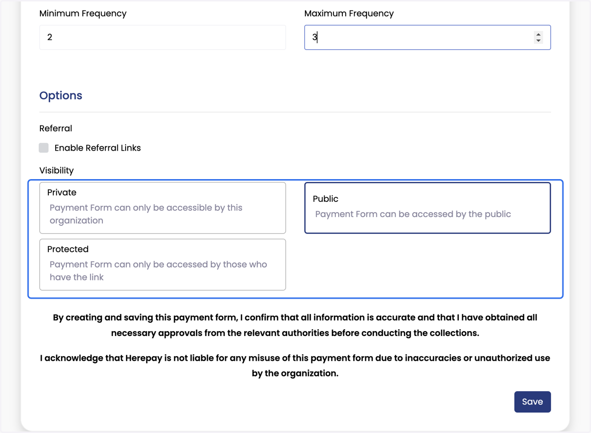 Klik Public jika payment form sedia untuk dikongsi dengan ibu bapa/pembayar Private/Protected - Payment form hanya boleh diakses oleh admin