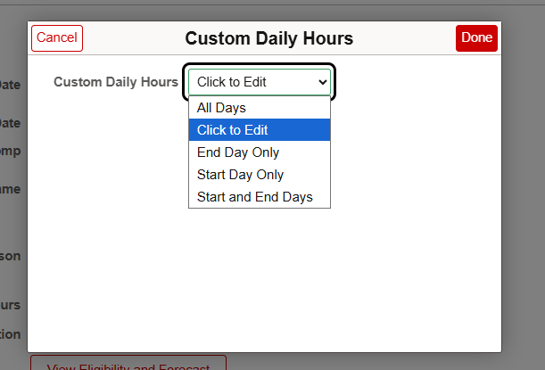 Select the appropriate option from the Custom Daily Hours drop-down