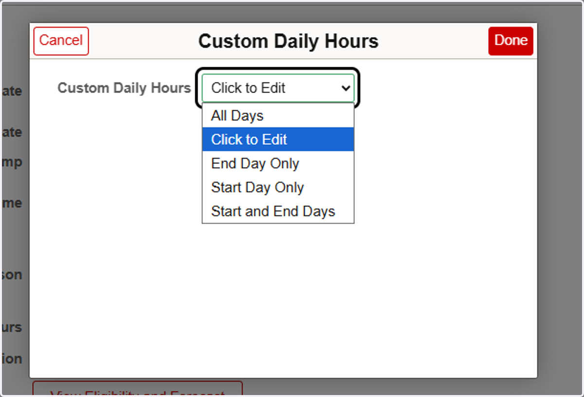 Select the appropriate option from the Custom Daily Hours drop-down