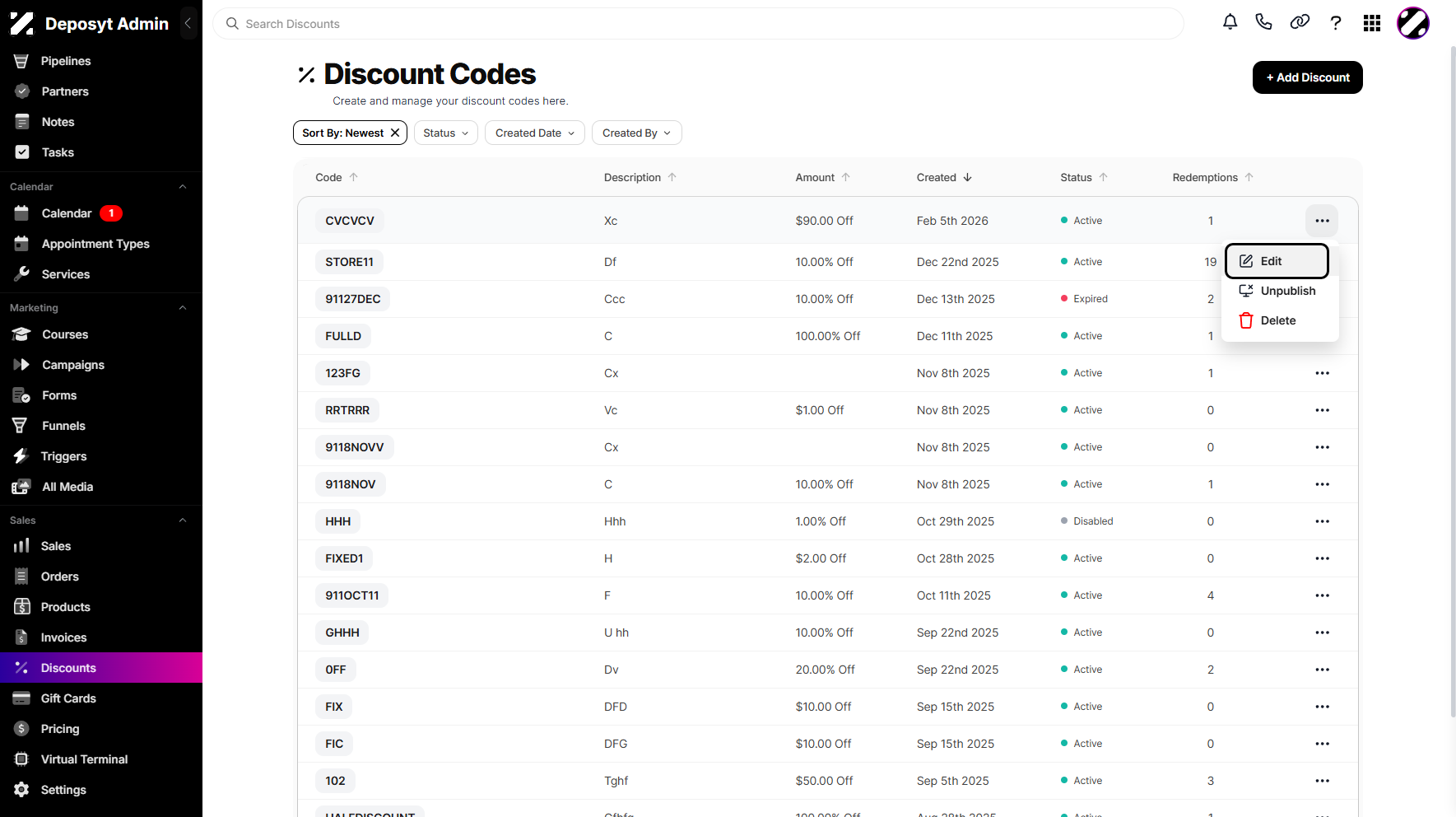 Step 4: Or click the selected discount’s three-dot menu, then click Edit to proceed.
