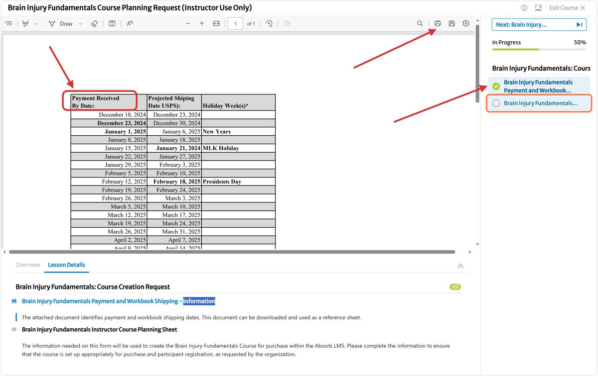 Click on Brain Injury Fundamentals Instructor Course Planning Sheet
