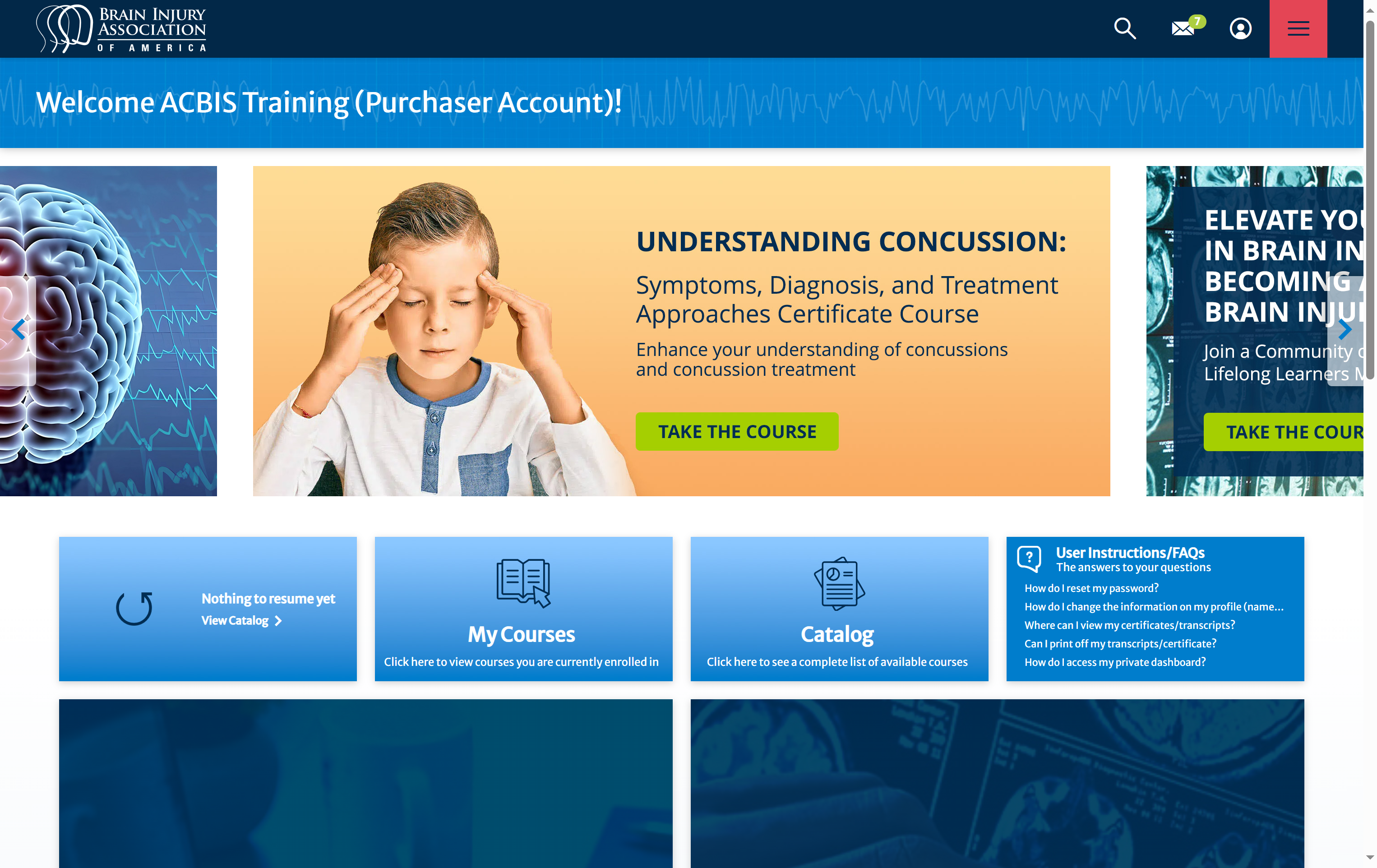 Click on BIAA: Brain Injury Association of America Dashboard - To return to the user dashboard homepage.