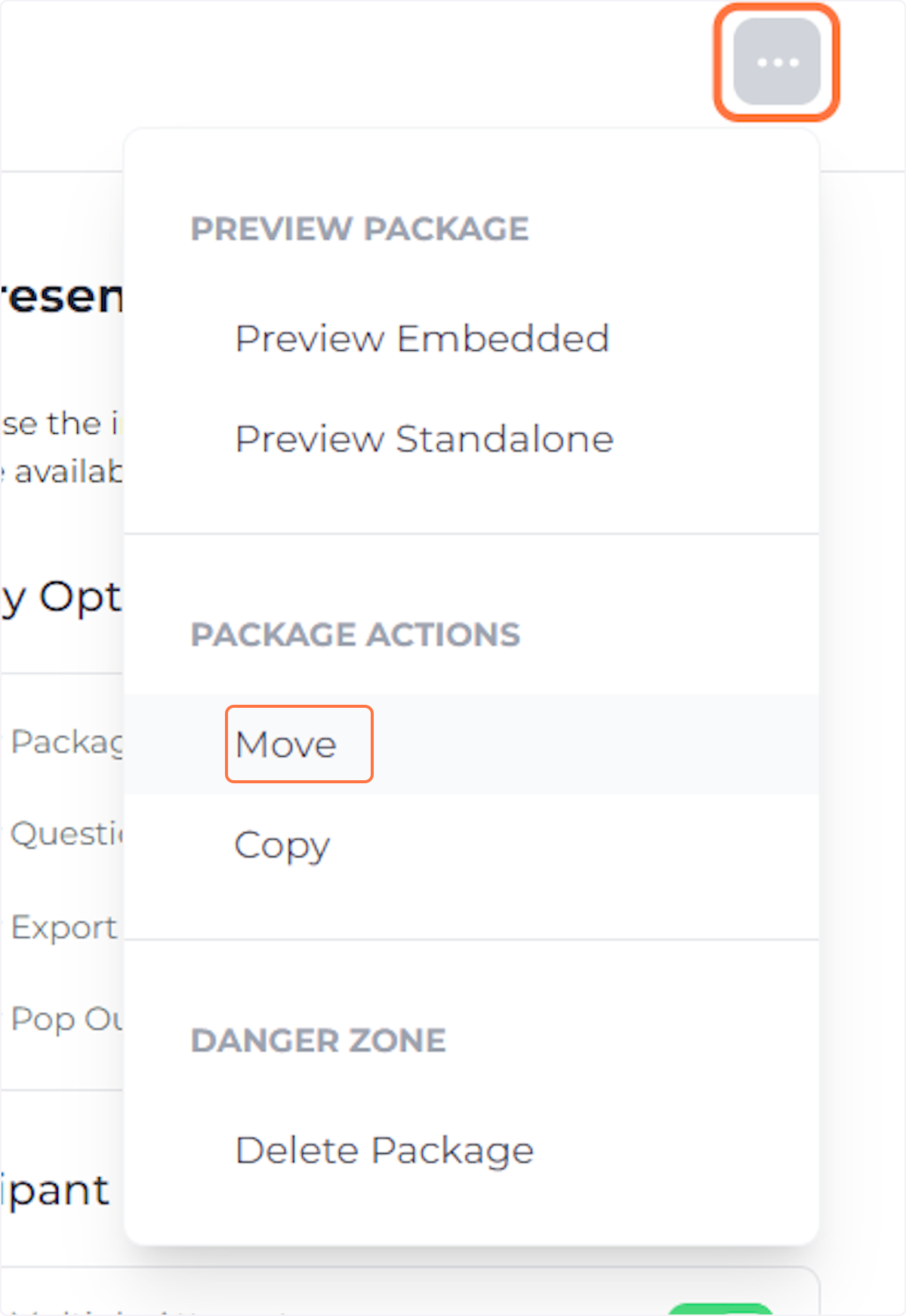 Open the 'Package Actions' menu, and click 'Move'.