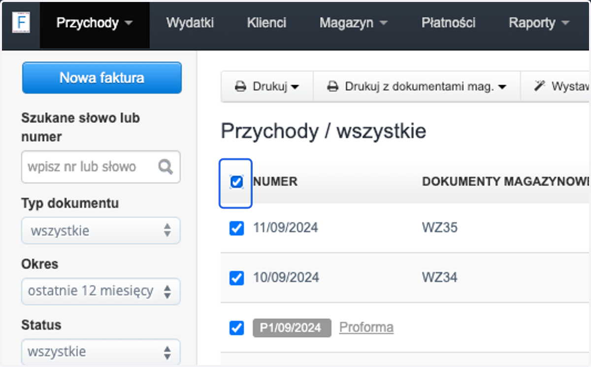 Zaznacz checkbox przy słowie NUMER by zaznaczyć wszystkie dokumenty na stronie,