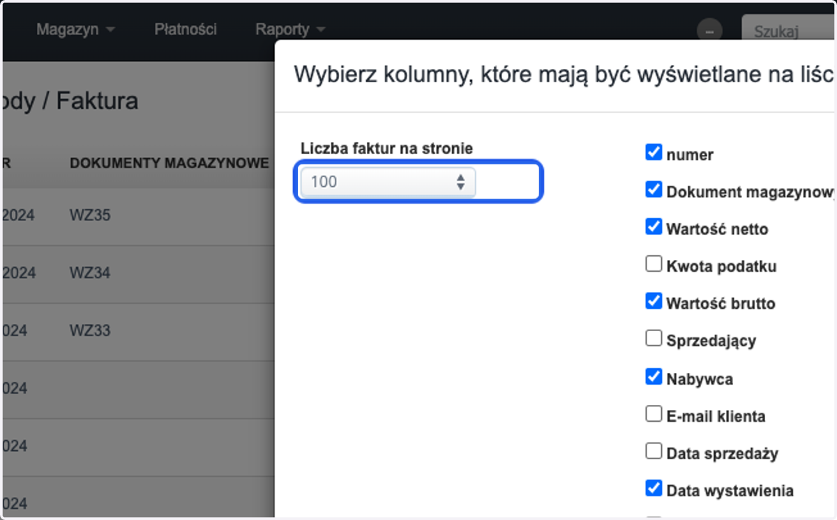 w polu Liczba faktur na stronie wybierz > 100