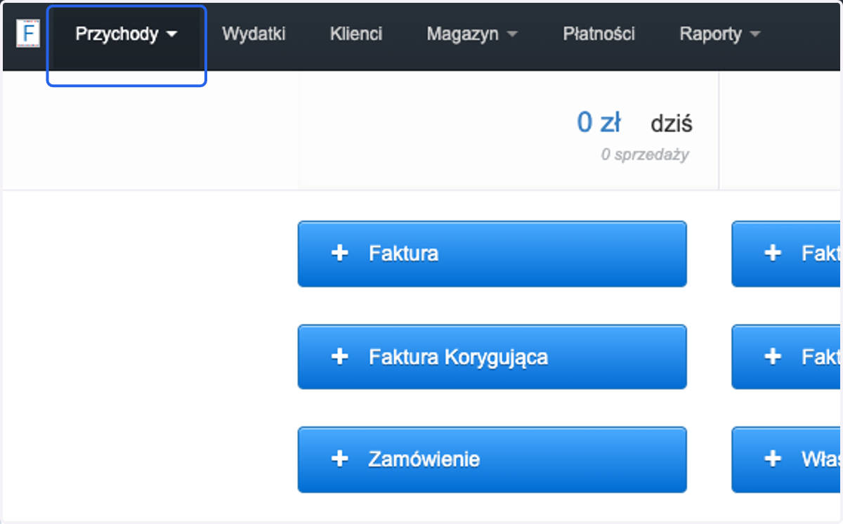 Eksport jako dokumenty księgowe - dla JDG wygenerujesz przechodząc do > Przychody >