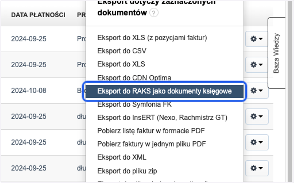 > Eksport do RAKS jako dokumenty księgowe >