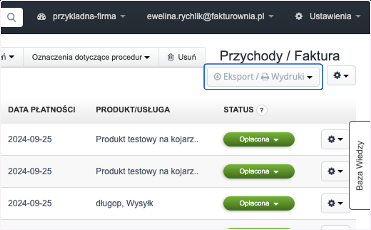 następnie wybierz> Eksport/Wydruki >