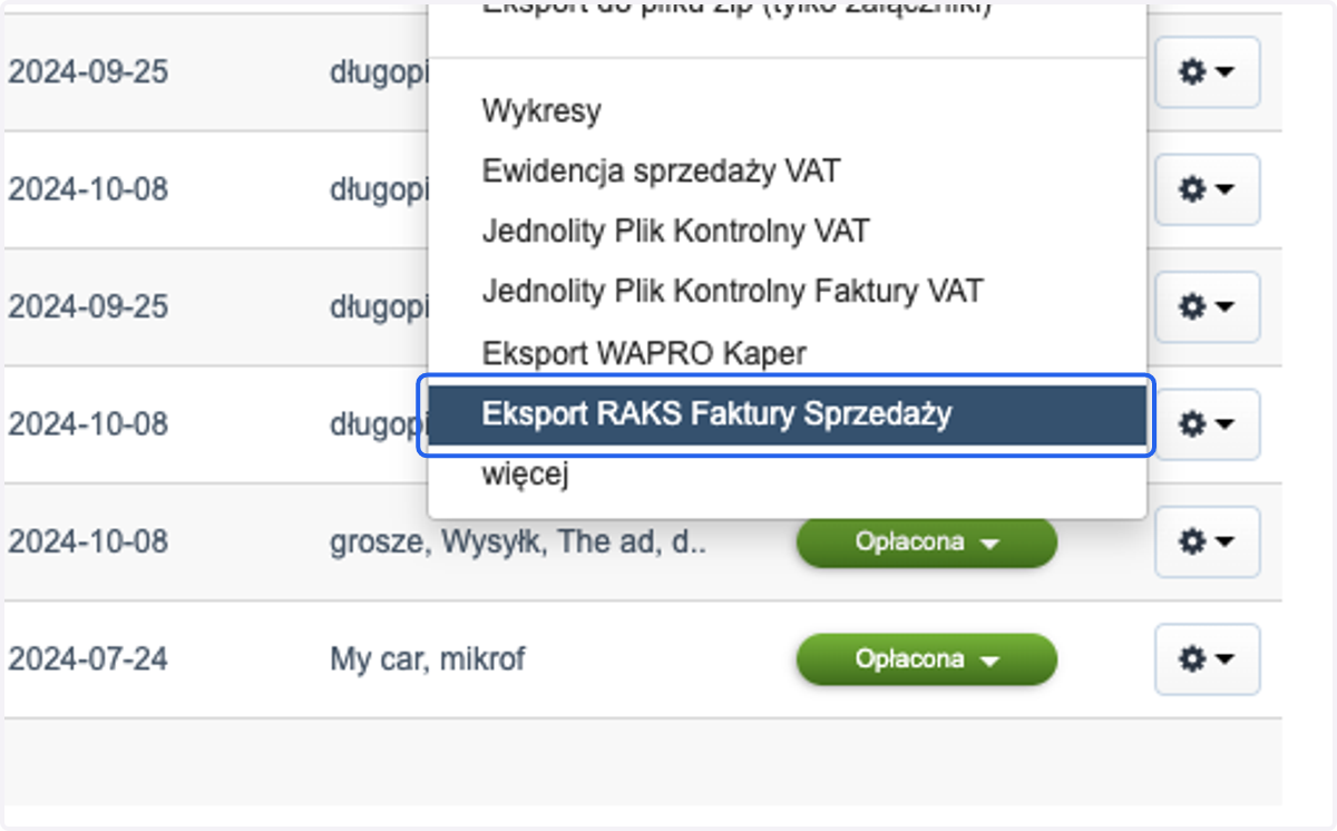 > Eksport RAKS Faktury Sprzedaży