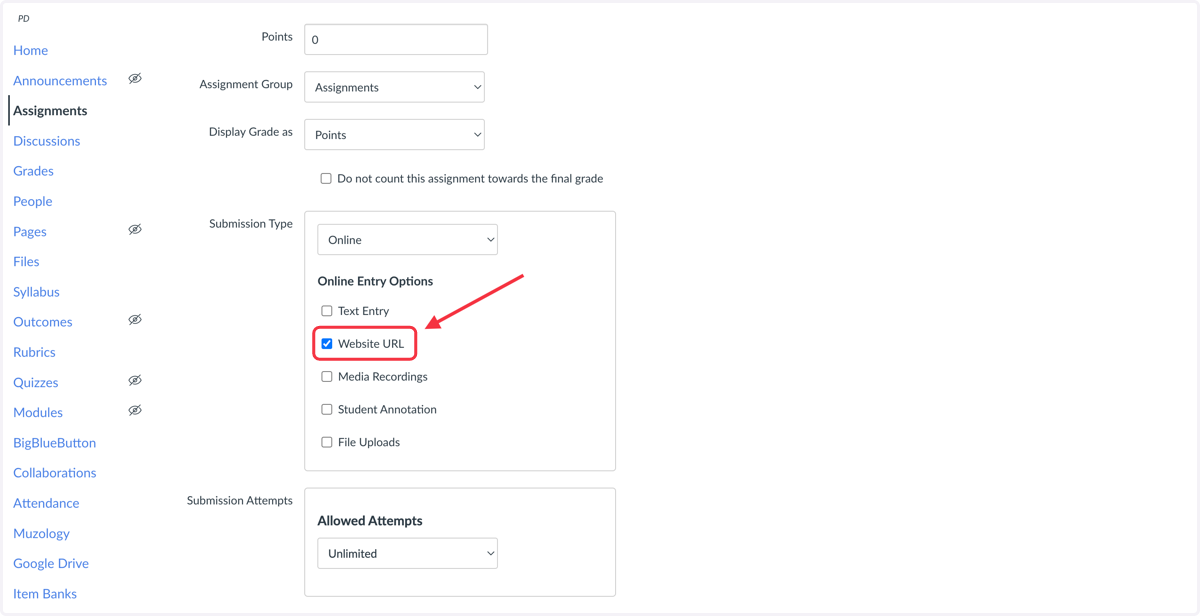 Select 'Online' and 'Website URL' as the submission type