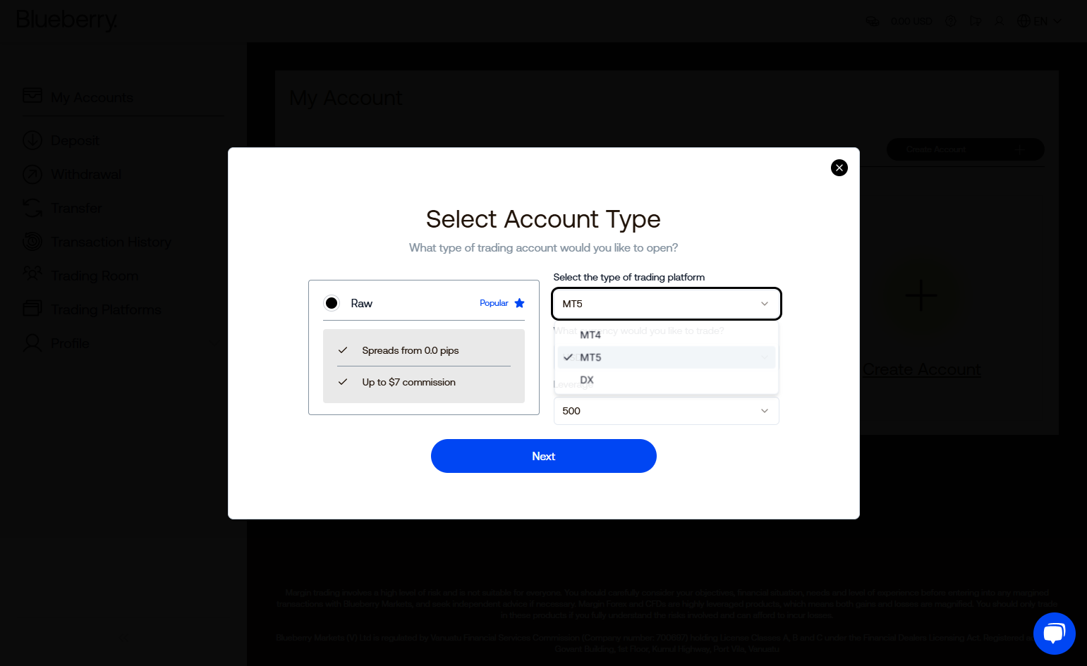 Select DX as your trading platform.