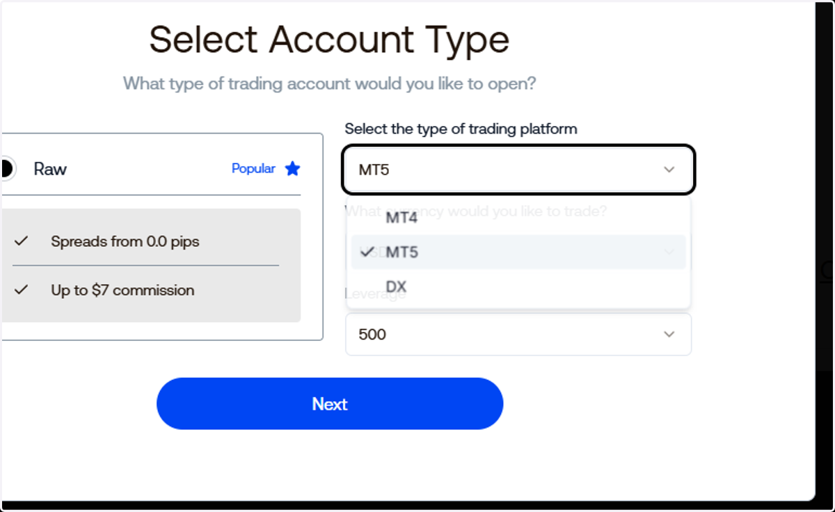 Select DX as your trading platform.
