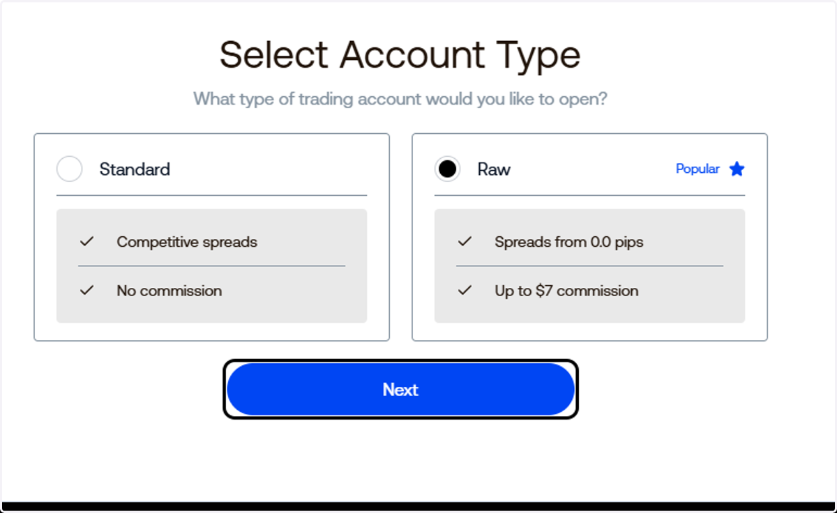 Select your desired account type, then click Next.