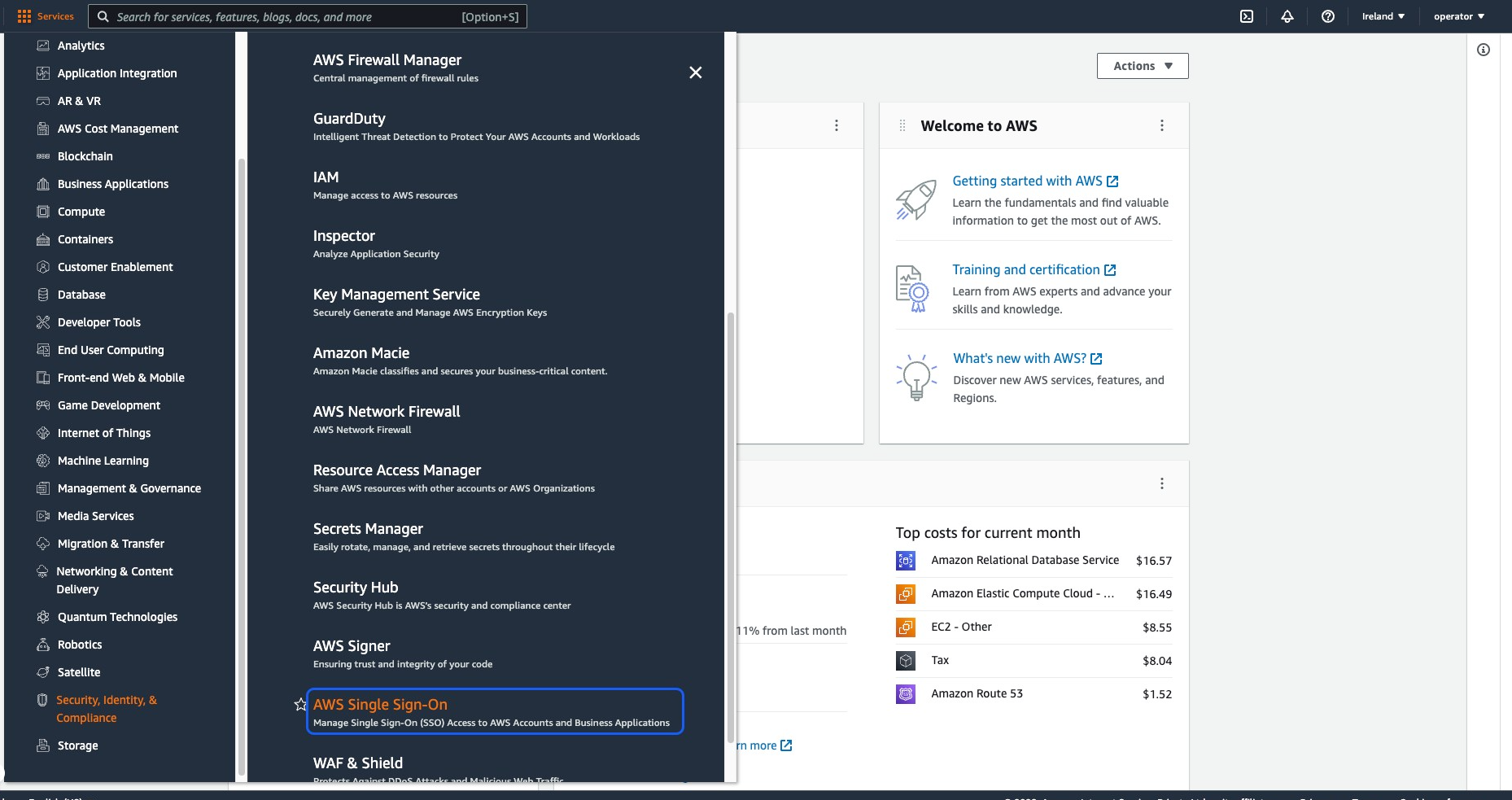 Services > Security, Identity, & Compliance > AWS Single Sign-On