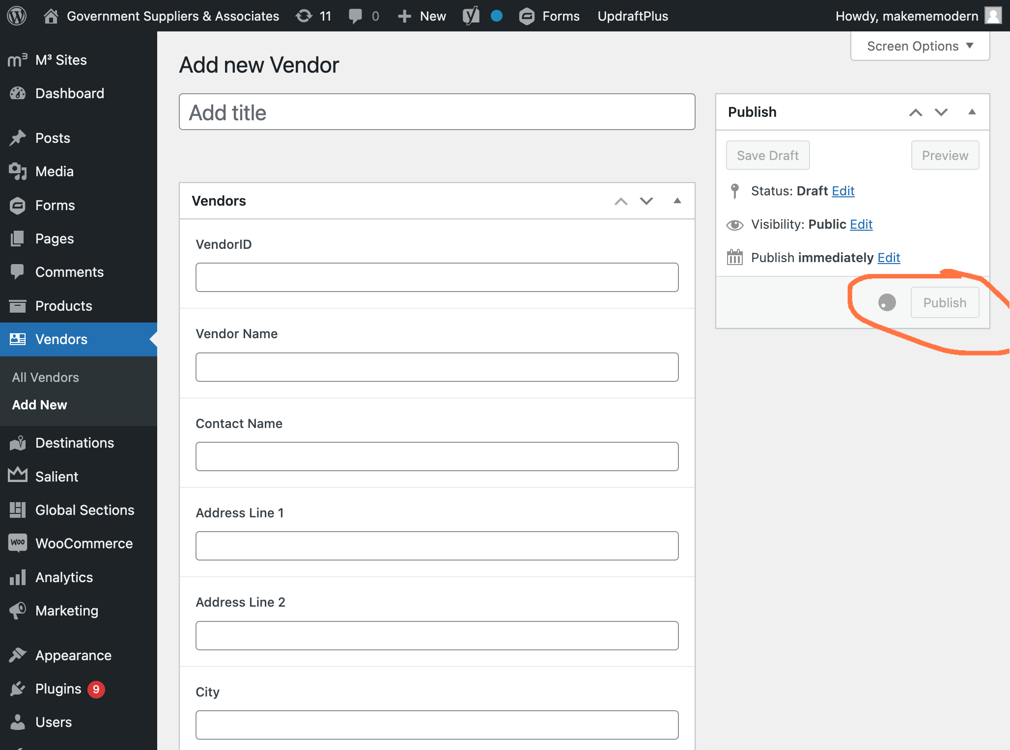 Click the blue Publish button to officially add the new Vendor.