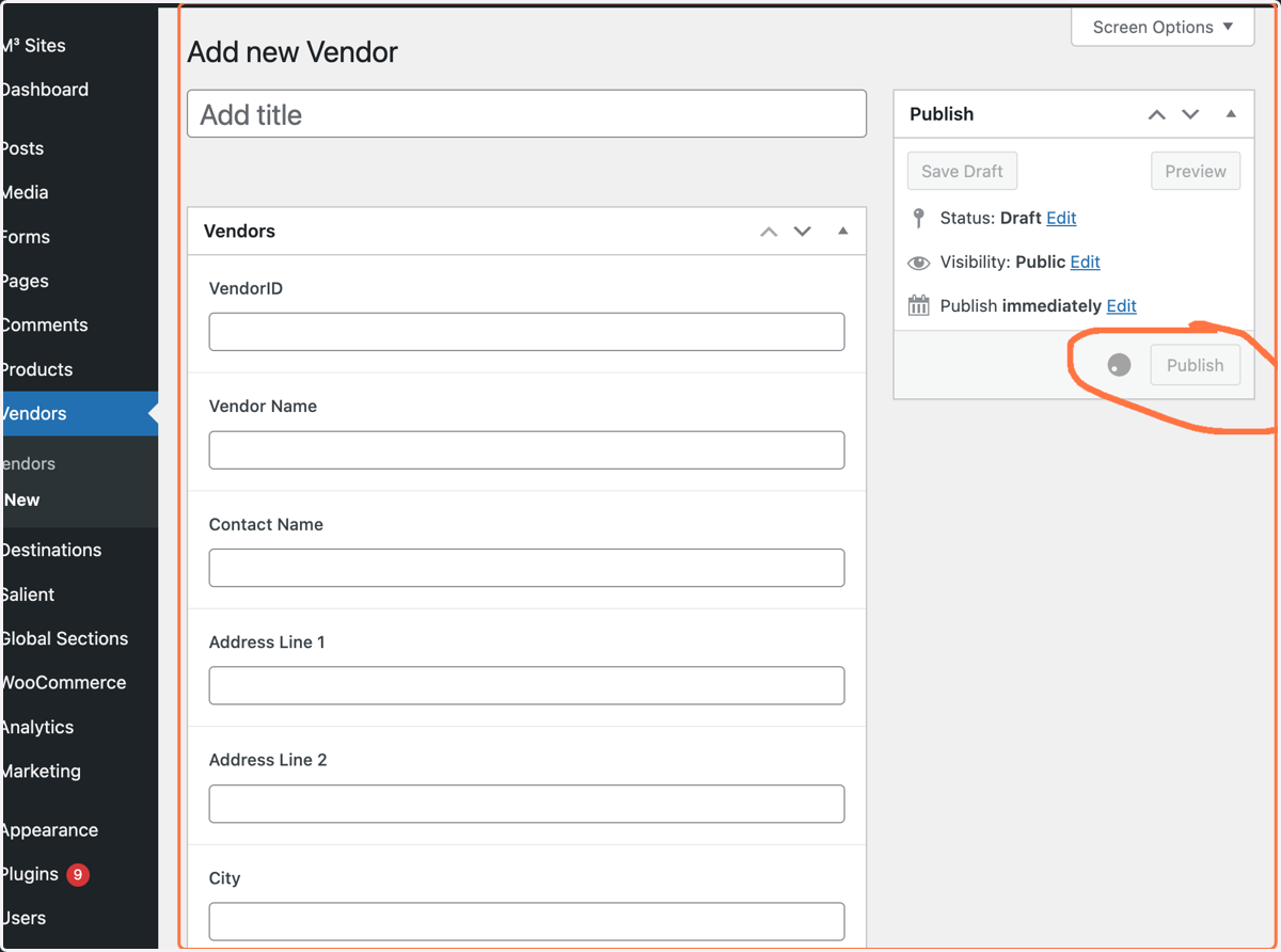 Click the blue Publish button to officially add the new Vendor.