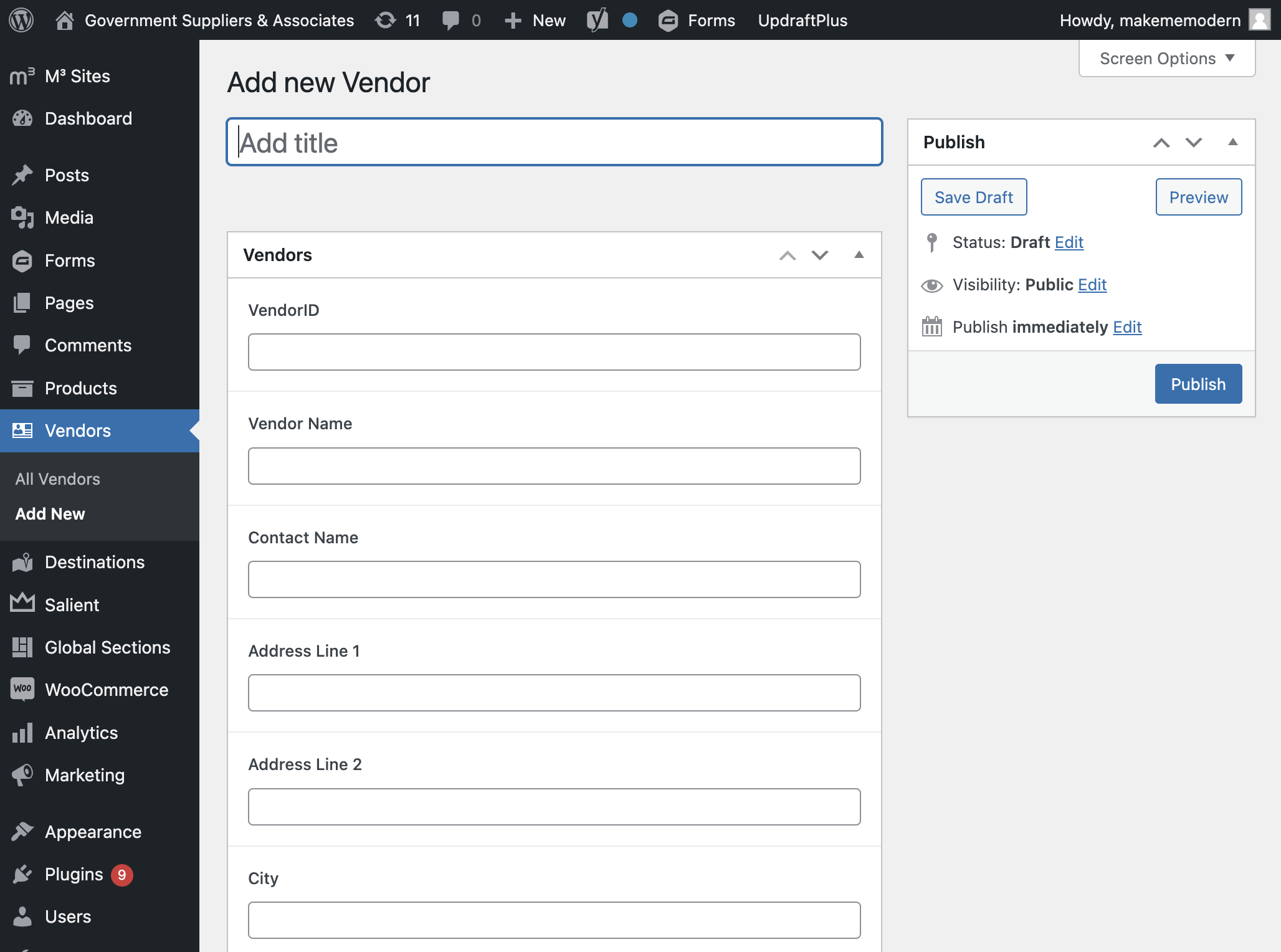 Click inside the field labeled Add title and type in the new Vendor.