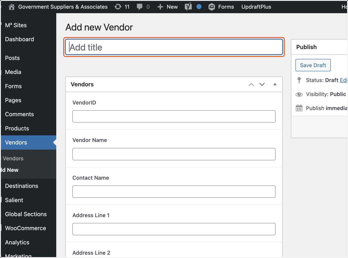 Click inside the field labeled Add title and type in the new Vendor.