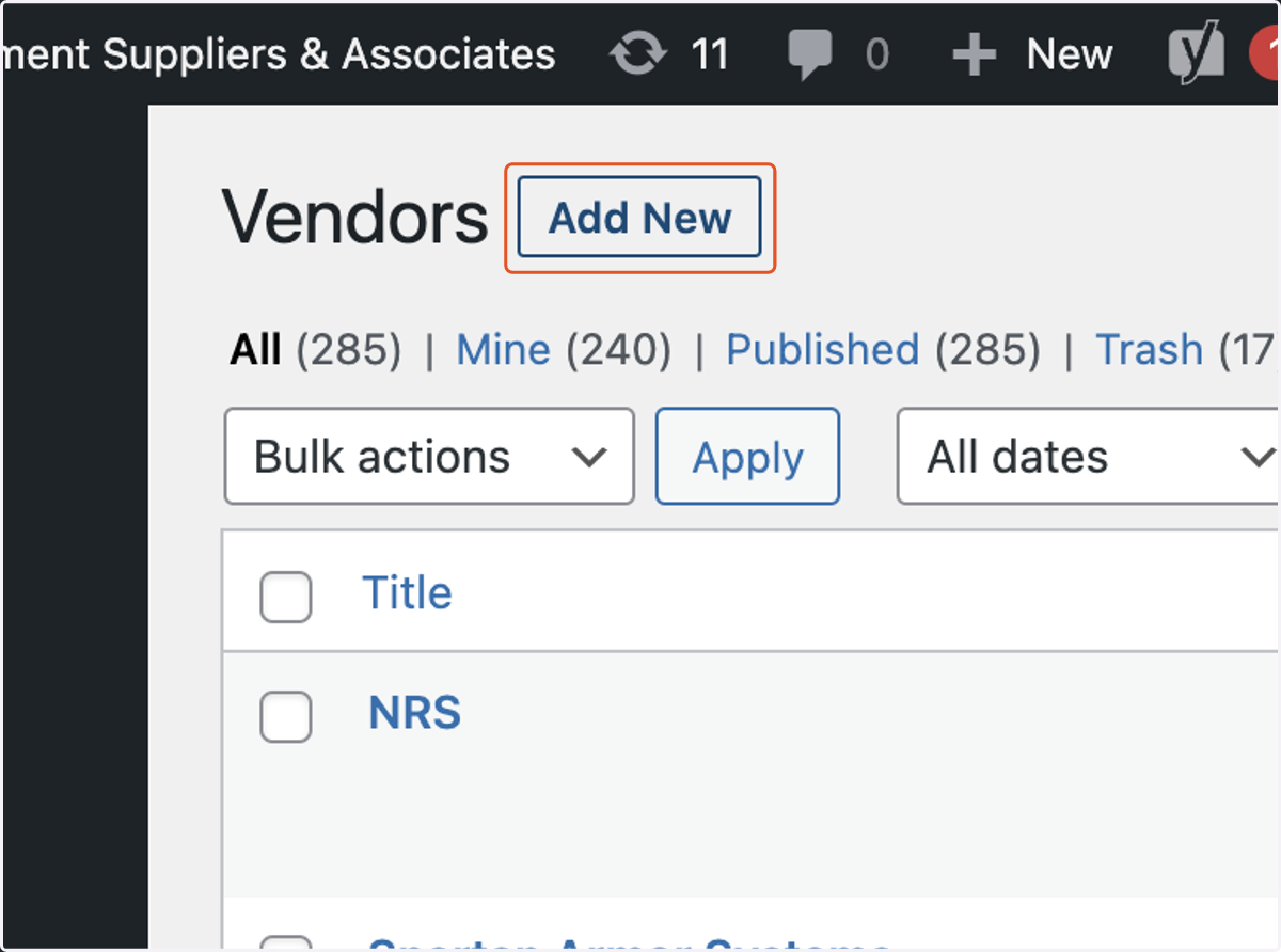 To add a new Vendor, click on Add New.