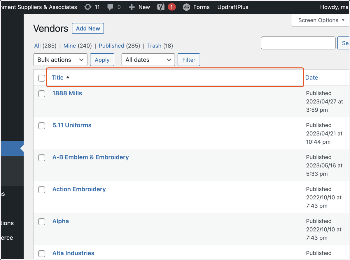 To alphabetize the Vendors, click on Title and it will either alphabetize # - Z or Z- #.