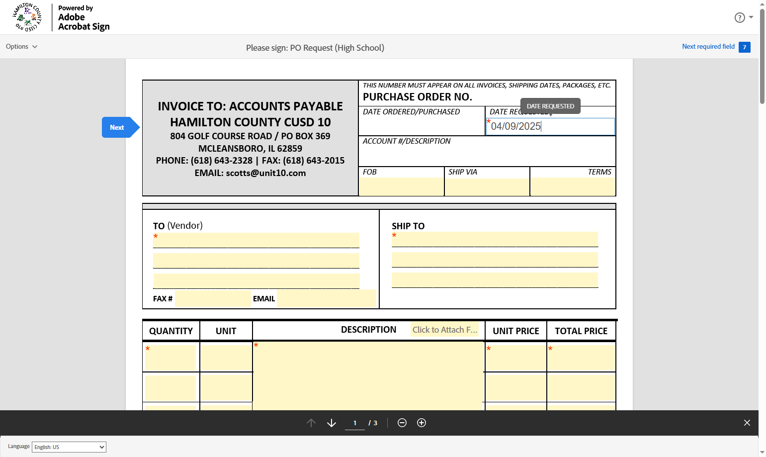 Fill in "Date Requested" field