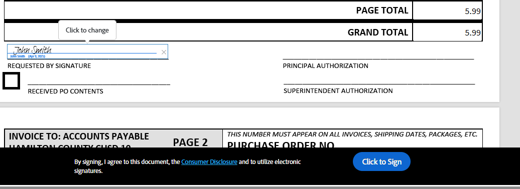 Click on "Click to Sign" to finish signing the form.