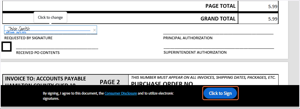 Click on "Click to Sign" to finish signing the form.
