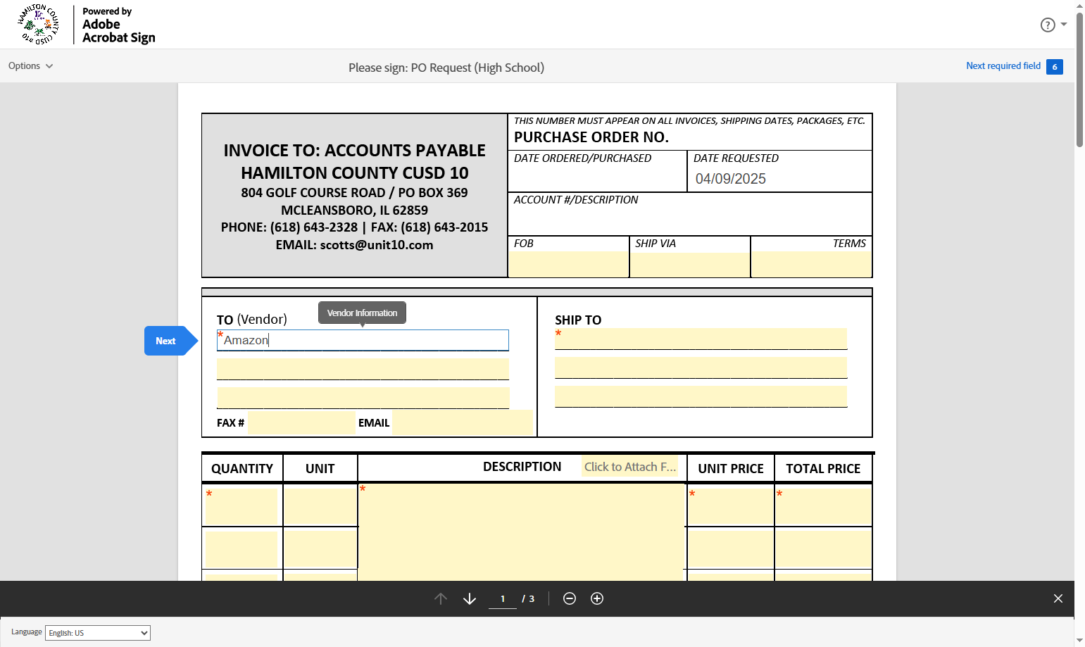Fill in the vendor information in the "TO (Vendor)" field