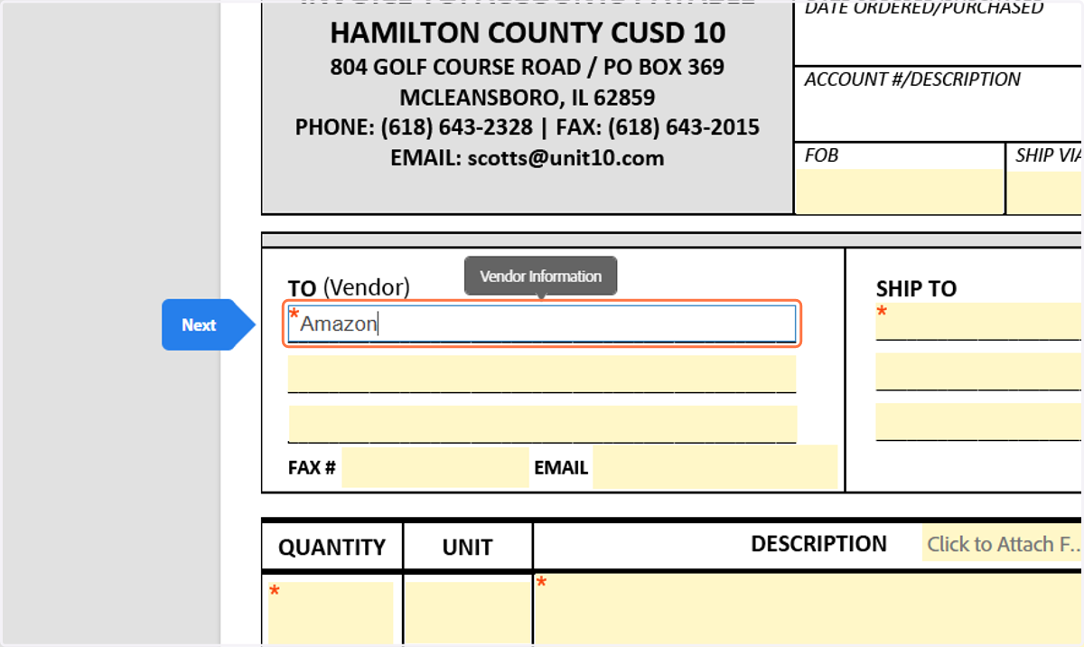Fill in the vendor information in the "TO (Vendor)" field