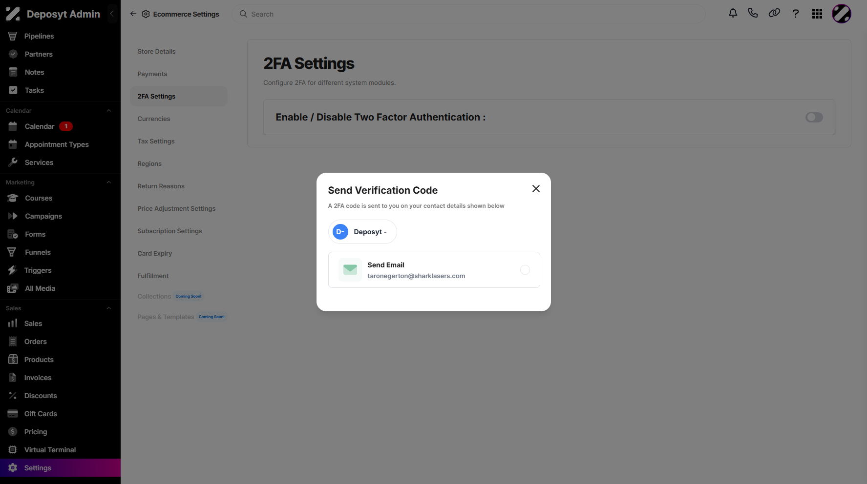 Step 6: A pop-up window will appear, allowing you to select where to send the verification code to enable the 2FA feature. Once the code is sent, copy and paste it to complete the verification.