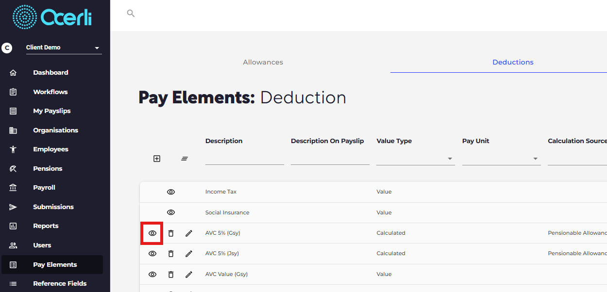 Click the eye icon next to the pay element you wish to edit.