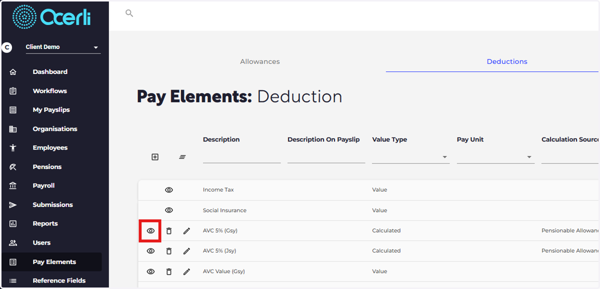 Click the eye icon next to the pay element you wish to edit.