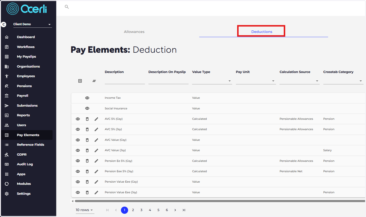 Click on the pay element group you require, e.g. Deductions